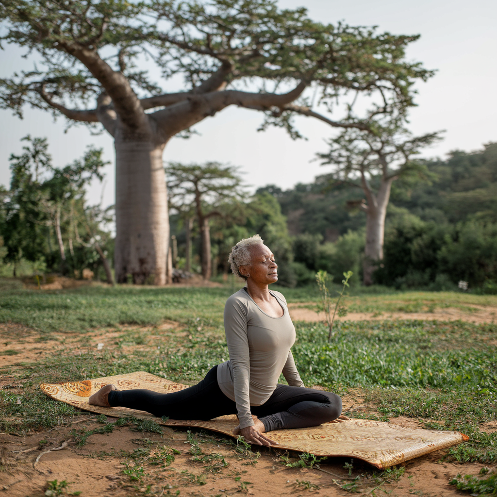 African woman doing yoga outdoors